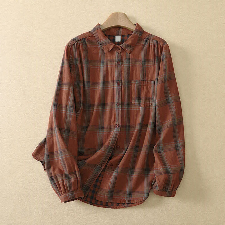 Buddha Stones Fall Casual Classic Plaid Women's Long Sleeve Shirts With Patch Pocket - IndianRed - US8-10, UK/AU12-14, EU40-42 (2XL) - image 0