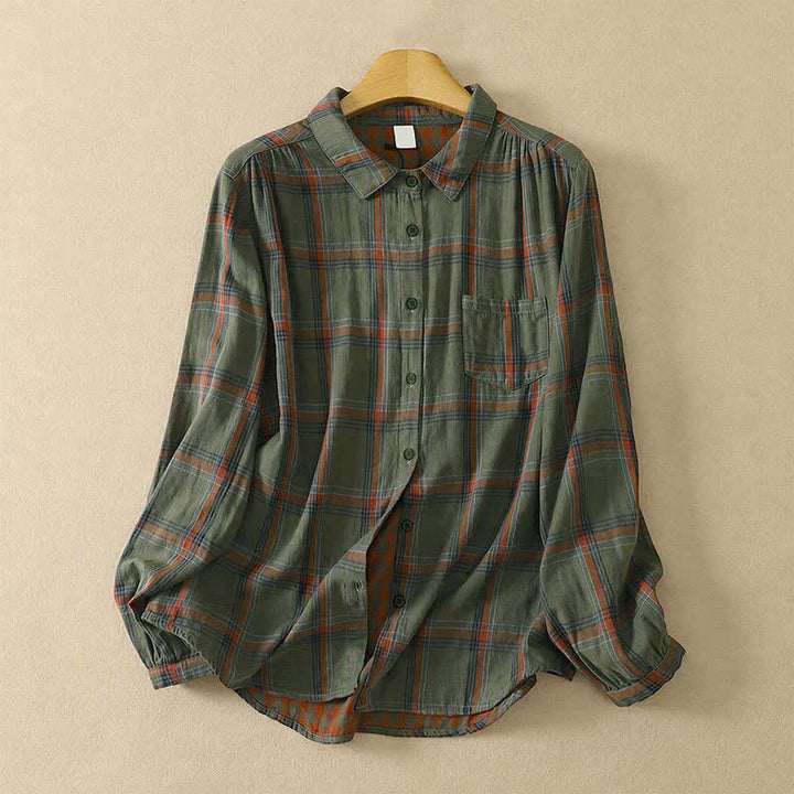 Buddha Stones Fall Casual Classic Plaid Women's Long Sleeve Shirts With Patch Pocket - DarkOliveGreen - US8-10, UK/AU12-14, EU40-42 (2XL) - image 10