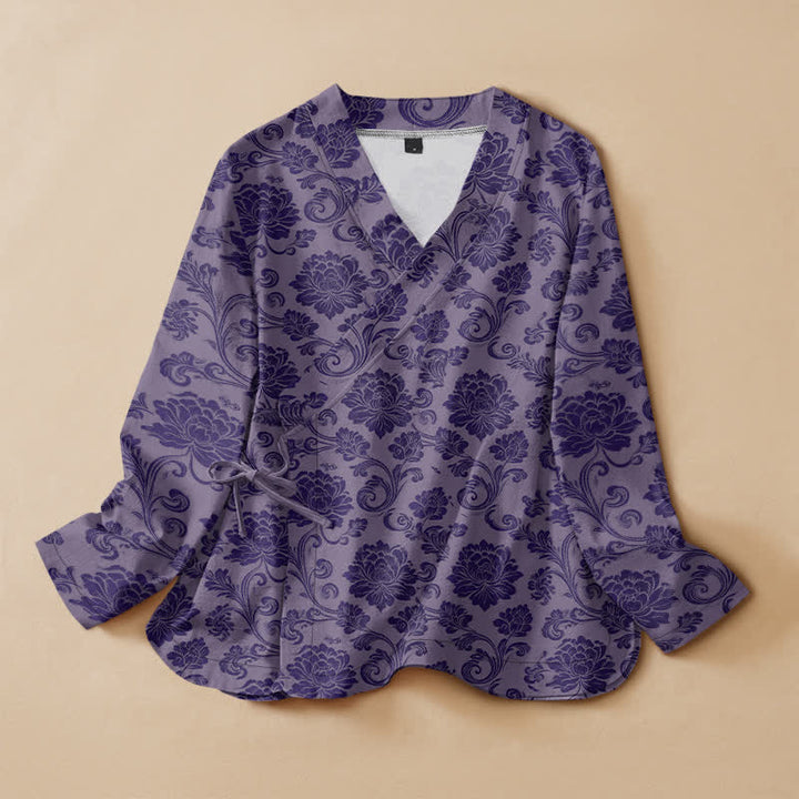 Buddha Stones Cotton Vintage Floral Pattern Hanfu Style Wrap V-Neck Lace-up Women's Long Sleeve Shirts Kimono - MediumPurple - US16，UK/AU20，EU48 (3XL) - image 5