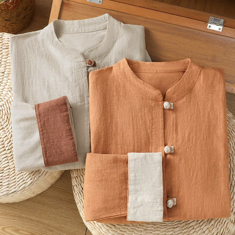 Buddha Stones Spring Fall Casual Tang Style Mandarin Collar Solid Color Contrast Women's Long Sleeve Shirts - image 16