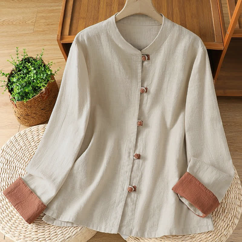 Buddha Stones Spring Fall Casual Tang Style Mandarin Collar Solid Color Contrast Women's Long Sleeve Shirts - Beige - US12, UK/AU16, EU44 (3XL) - image 0