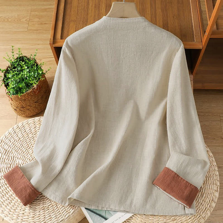 Buddha Stones Spring Fall Casual Tang Style Mandarin Collar Solid Color Contrast Women's Long Sleeve Shirts - image 1