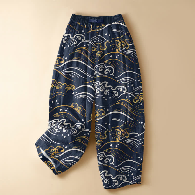 Buddha Stones Pure Cotton Ocean Wave Cloud Pattern Frog Button Women's Elastic Waist Harem Pants With Pockets - Navy - US16，UK/AU20，EU48 (3XL) - image 0