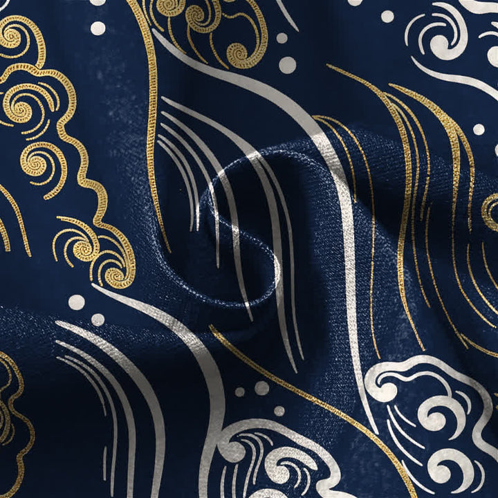 Buddha Stones Pure Cotton Ocean Wave Cloud Pattern Frog Button Women's Elastic Waist Harem Pants With Pockets - image 4