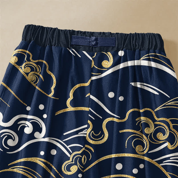 Buddha Stones Pure Cotton Ocean Wave Cloud Pattern Frog Button Women's Elastic Waist Harem Pants With Pockets - image 2
