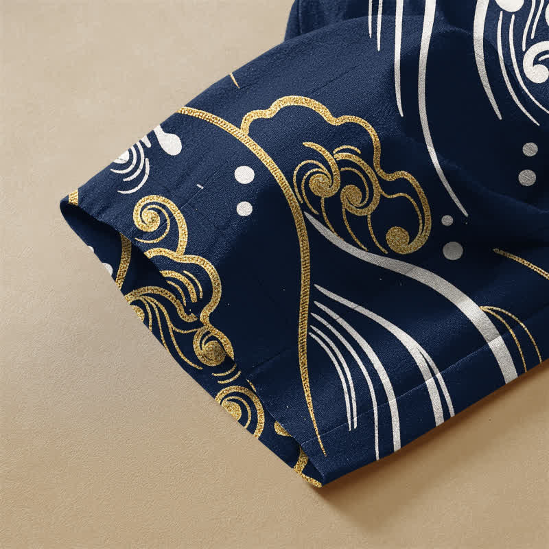 Buddha Stones Pure Cotton Ocean Wave Cloud Pattern Frog Button Women's Elastic Waist Harem Pants With Pockets - image 3