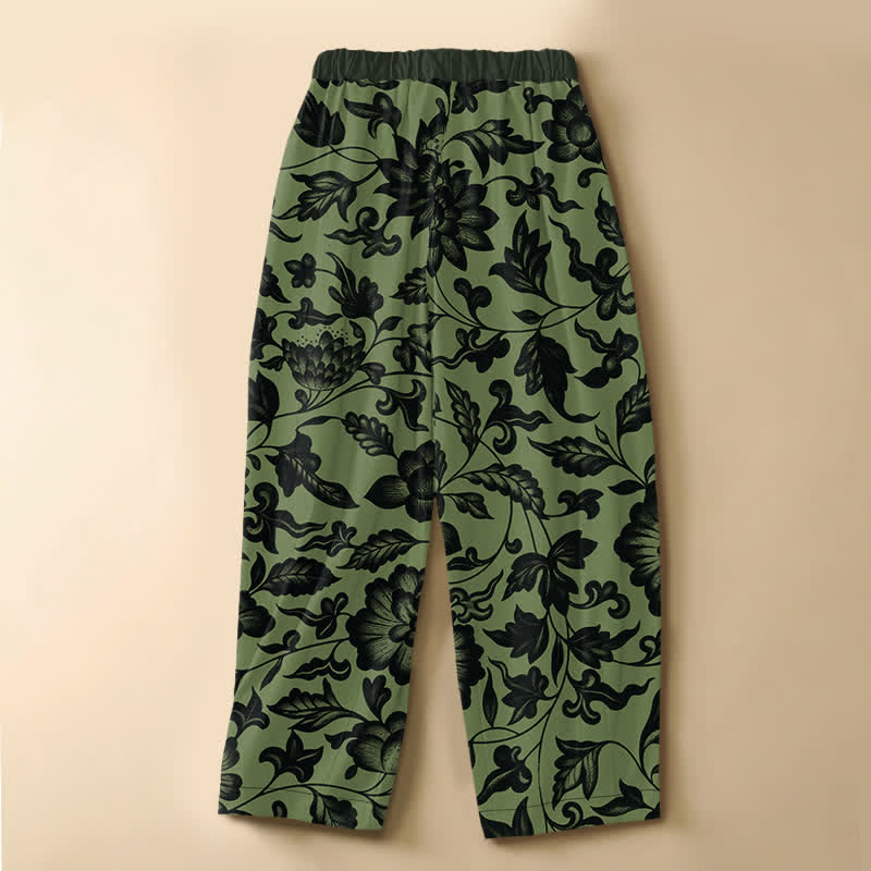 Buddha Stones Pure Cotton Vintage Olive Floral Pattern Frog Button Women's Elastic Waist Harem Pants With Pockets - image 1