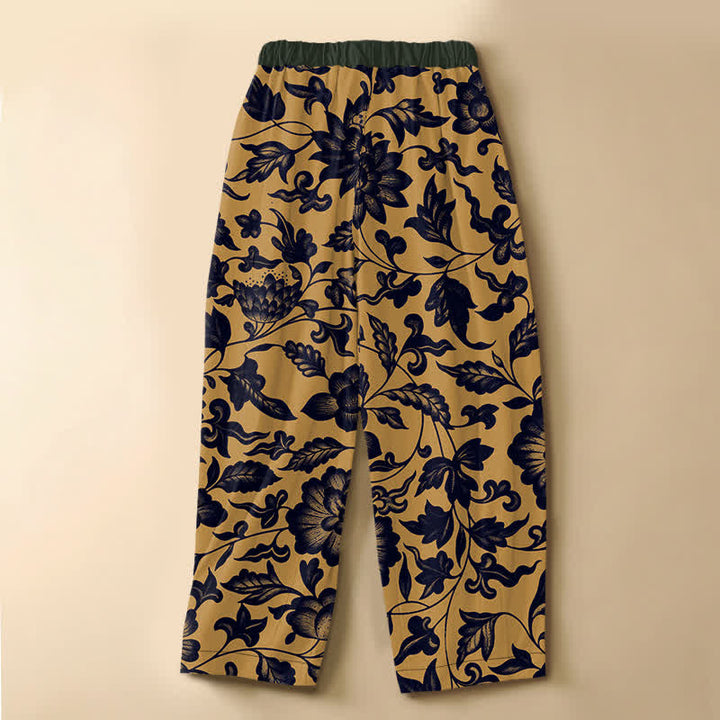 Buddha Stones Pure Cotton Vintage Olive Floral Pattern Frog Button Women's Elastic Waist Harem Pants With Pockets - image 6