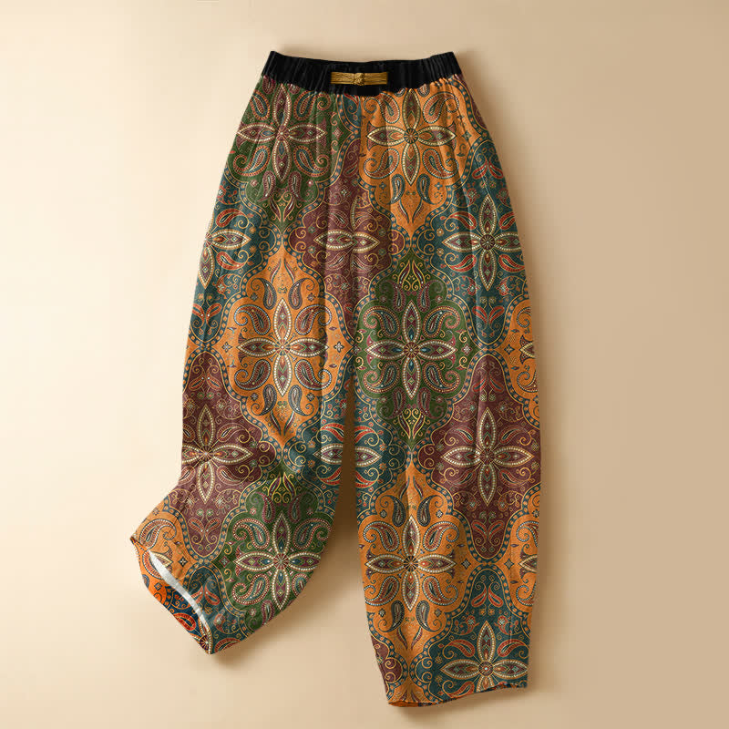 Buddha Stones Pure Cotton Ornate Folk Mandala Pattern Frog Button Women's Elastic Waist Harem Pants With Pockets - Goldenrod - US16，UK/AU20，EU48 (3XL) - image 0