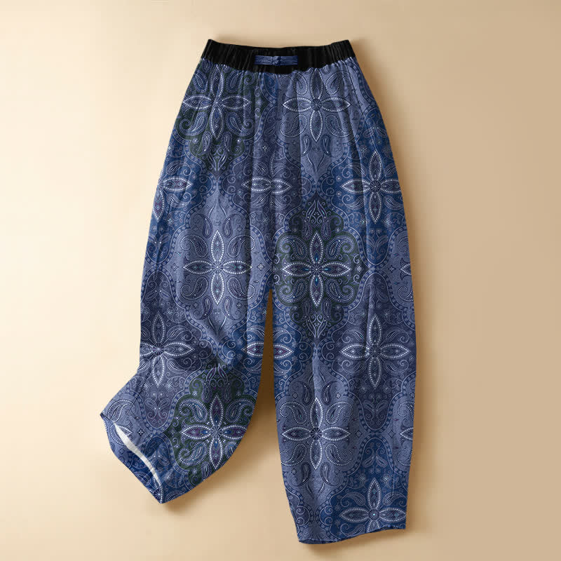 Buddha Stones Pure Cotton Ornate Folk Mandala Pattern Frog Button Women's Elastic Waist Harem Pants With Pockets - SteelBlue - US16，UK/AU20，EU48 (3XL) - image 5