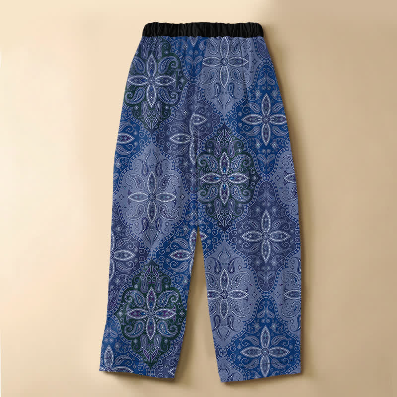 Buddha Stones Pure Cotton Ornate Folk Mandala Pattern Frog Button Women's Elastic Waist Harem Pants With Pockets - image 6