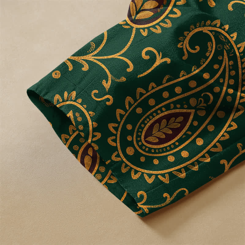 Buddha Stones Pure Cotton Vintage Leaf Paisley Pattern Frog Button Women's Elastic Waist Harem Pants With Pockets - image 2