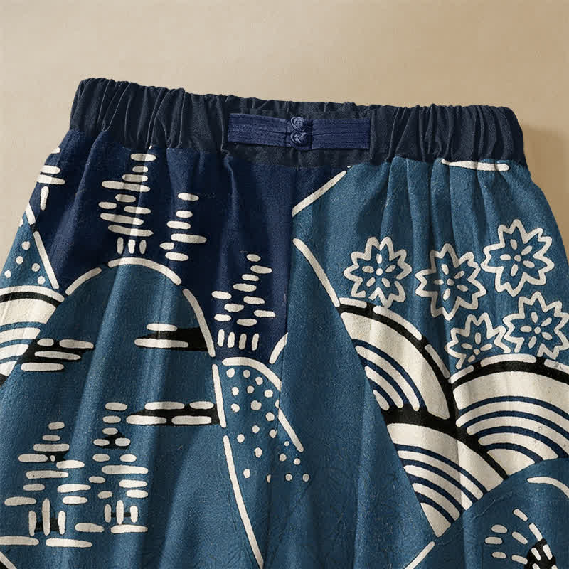 Buddha Stones Pure Cotton Japanese Wave Landscape Pattern Frog Button Women's Elastic Waist Harem Pants With Pockets - image 2