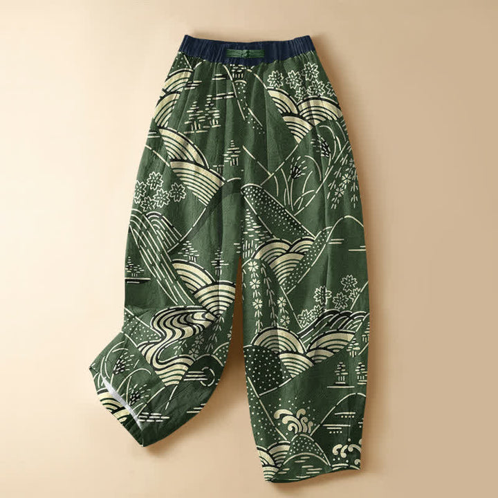 Buddha Stones Pure Cotton Japanese Wave Landscape Pattern Frog Button Women's Elastic Waist Harem Pants With Pockets - ForestGreen - US16，UK/AU20，EU48 (3XL) - image 5