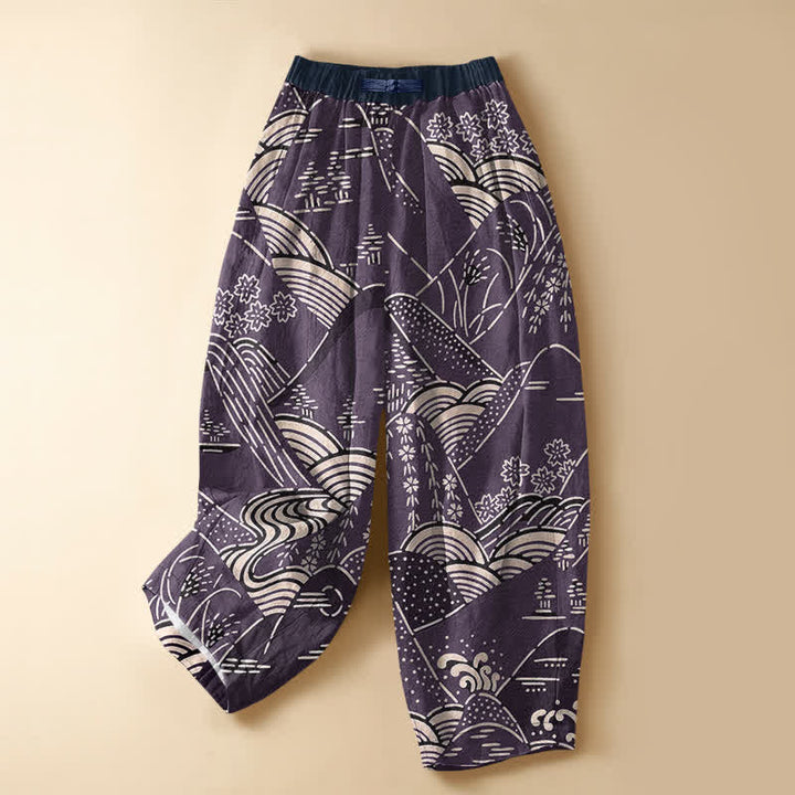 Buddha Stones Pure Cotton Japanese Wave Landscape Pattern Frog Button Women's Elastic Waist Harem Pants With Pockets - Indigo - US16，UK/AU20，EU48 (3XL) - image 7