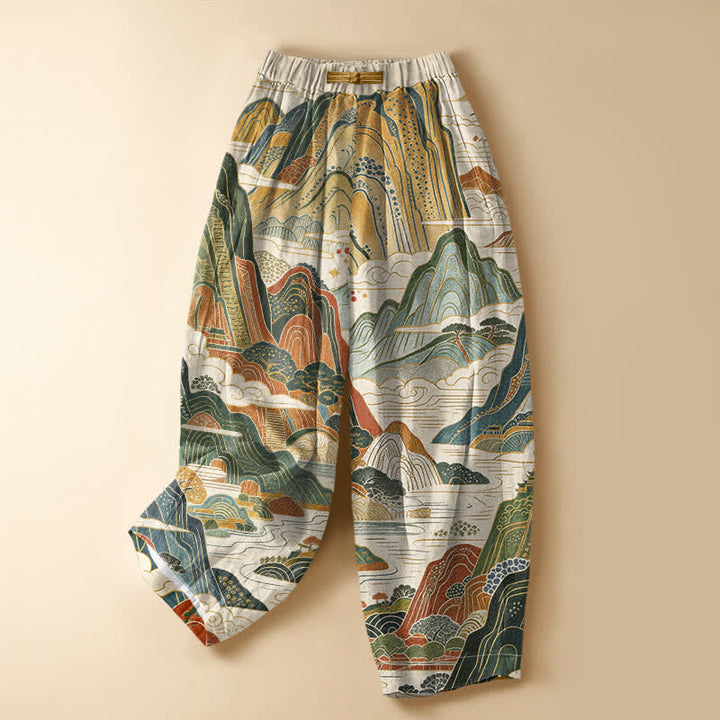 Buddha Stones Pure Cotton Vintage Mountain Landscape Pattern Frog Button Women's Elastic Waist Harem Pants With Pockets - Ivory - US16，UK/AU20，EU48 (3XL) - image 0