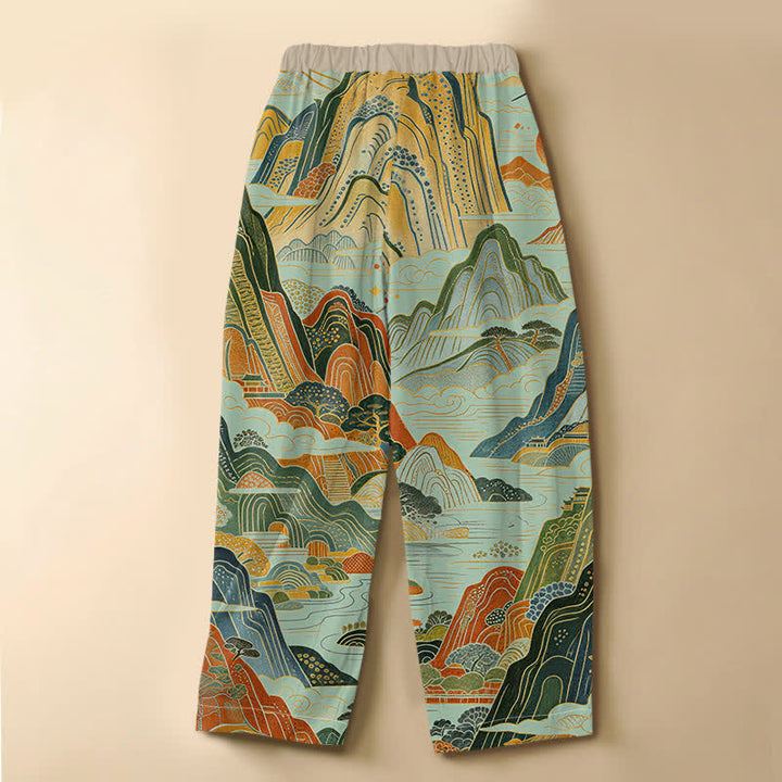 Buddha Stones Pure Cotton Vintage Mountain Landscape Pattern Frog Button Women's Elastic Waist Harem Pants With Pockets - image 8
