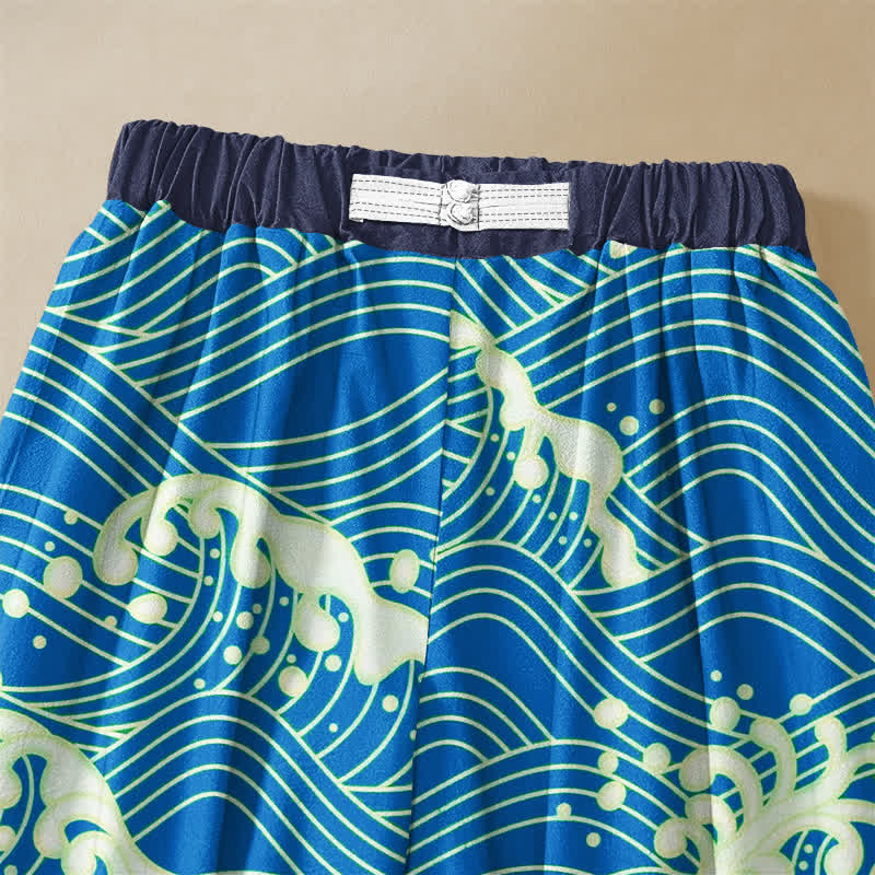 Buddha Stones Pure Cotton Ocean Wave Pattern Frog Button Women's Elastic Waist Harem Pants With Pockets - image 3