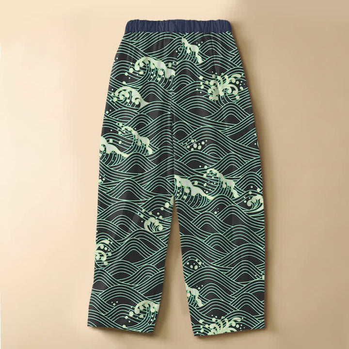 Buddha Stones Pure Cotton Ocean Wave Pattern Frog Button Women's Elastic Waist Harem Pants With Pockets - image 6