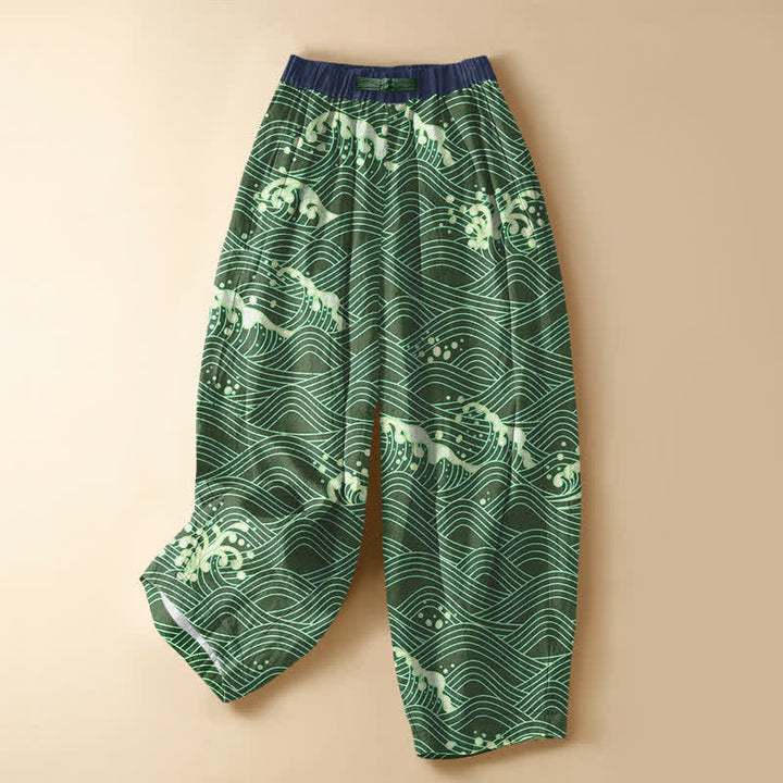 Buddha Stones Pure Cotton Ocean Wave Pattern Frog Button Women's Elastic Waist Harem Pants With Pockets - MediumSeaGreen - US16，UK/AU20，EU48 (3XL) - image 7