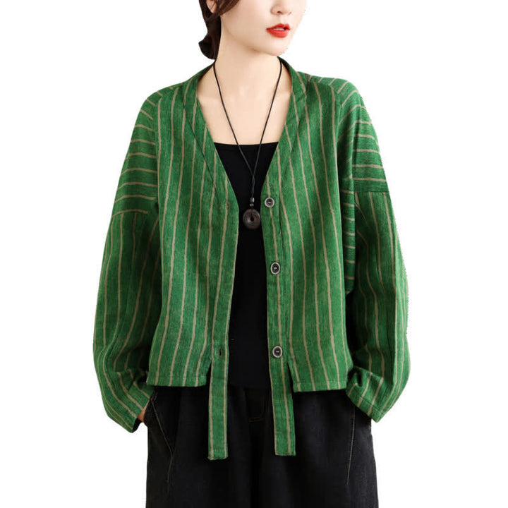 Buddha Stones Fall Casual Vintage Button-Up Drawstring Striped Cropped Women's Jacket - image 15