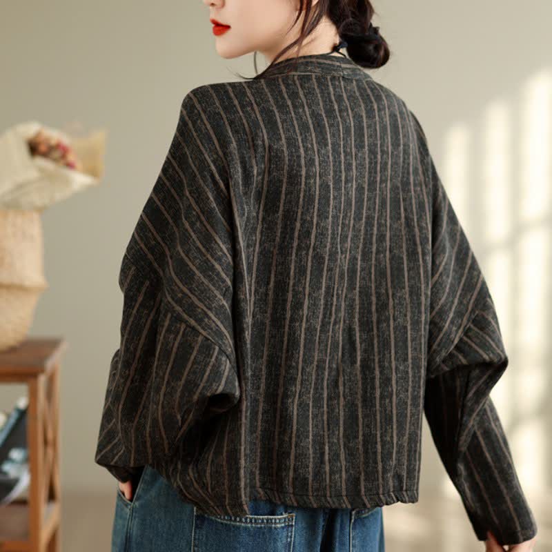 Buddha Stones Fall Casual Vintage Button-Up Drawstring Striped Cropped Women's Jacket - image 4
