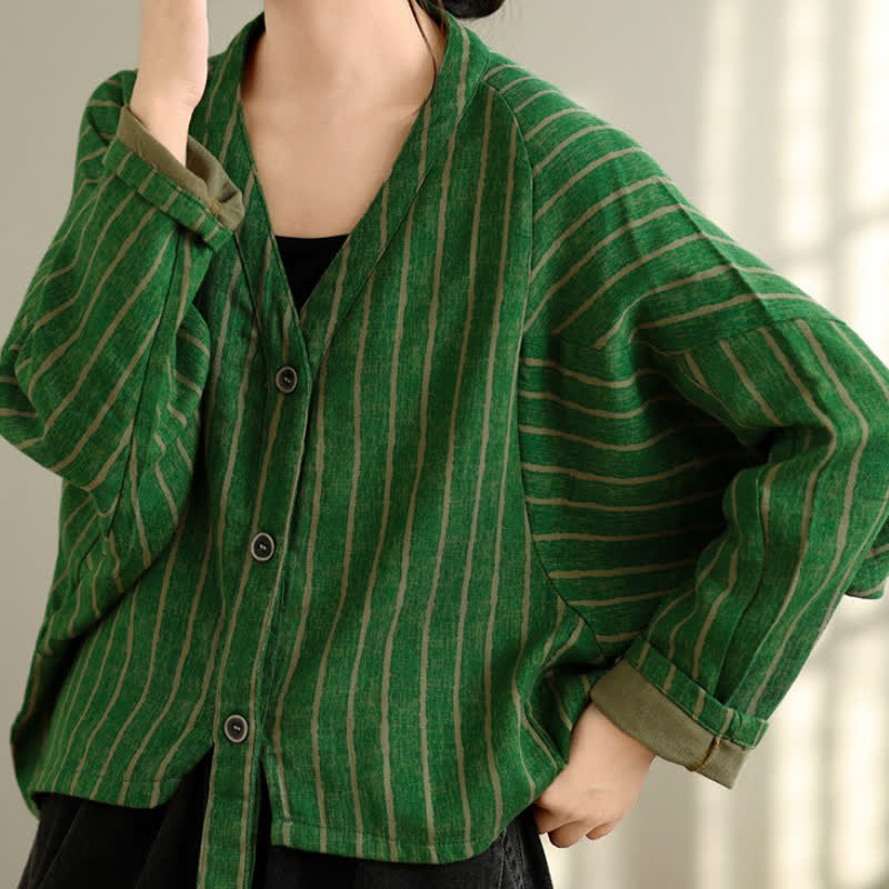 Buddha Stones Fall Casual Vintage Button-Up Drawstring Striped Cropped Women's Jacket - image 13