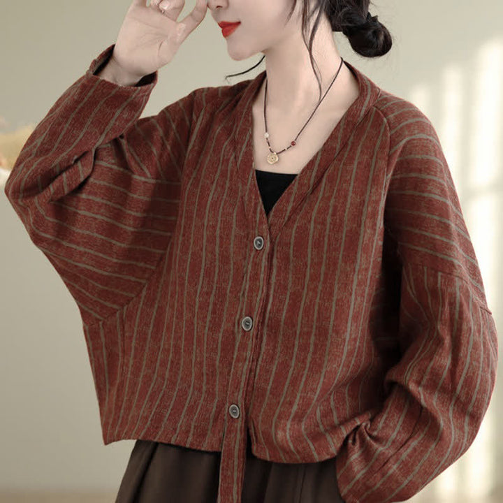 Buddha Stones Fall Casual Vintage Button-Up Drawstring Striped Cropped Women's Jacket - image 18