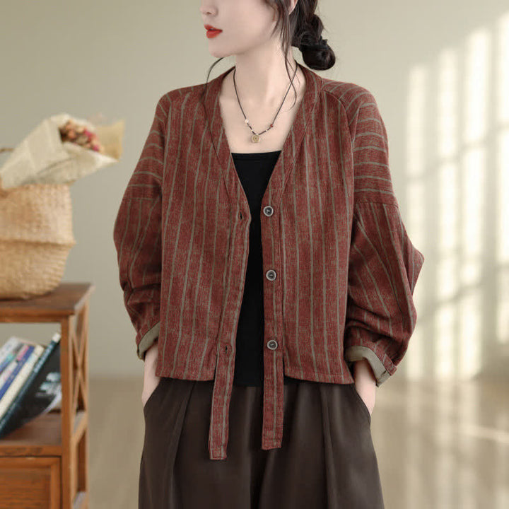 Buddha Stones Fall Casual Vintage Button-Up Drawstring Striped Cropped Women's Jacket - image 17