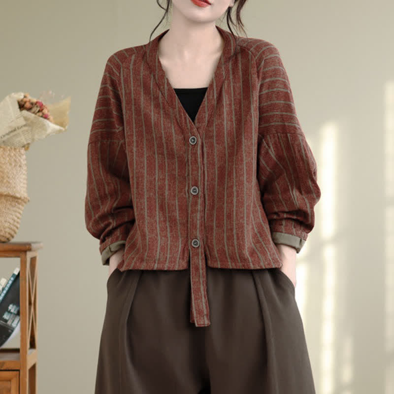 Buddha Stones Fall Casual Vintage Button-Up Drawstring Striped Cropped Women's Jacket - image 21
