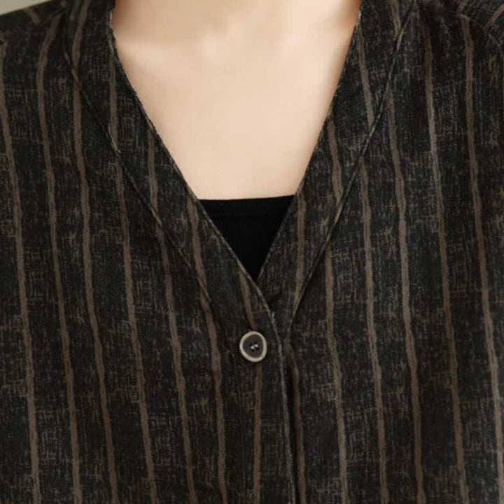 Buddha Stones Fall Casual Vintage Button-Up Drawstring Striped Cropped Women's Jacket - image 6