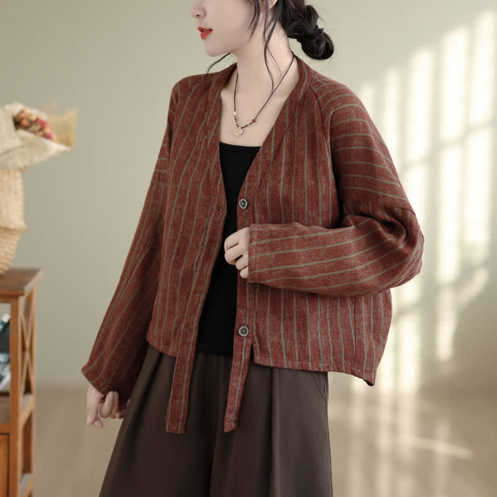 Buddha Stones Fall Casual Vintage Button-Up Drawstring Striped Cropped Women's Jacket - Sienna - US4-8/10, UK/AU8-12/14, EU36-40/42 (F) - image 16