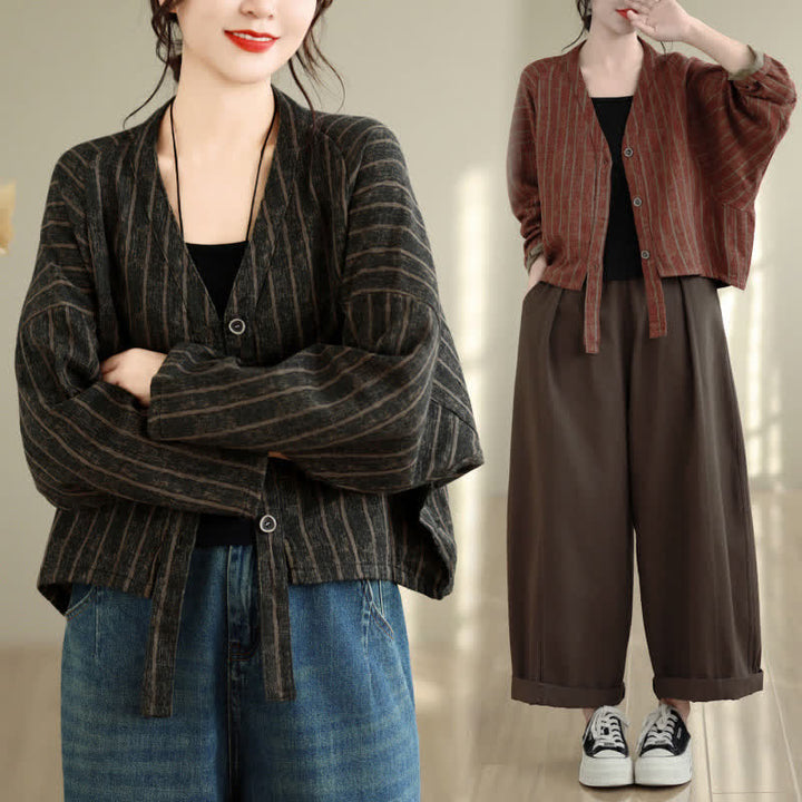 Buddha Stones Fall Casual Vintage Button-Up Drawstring Striped Cropped Women's Jacket - image 22