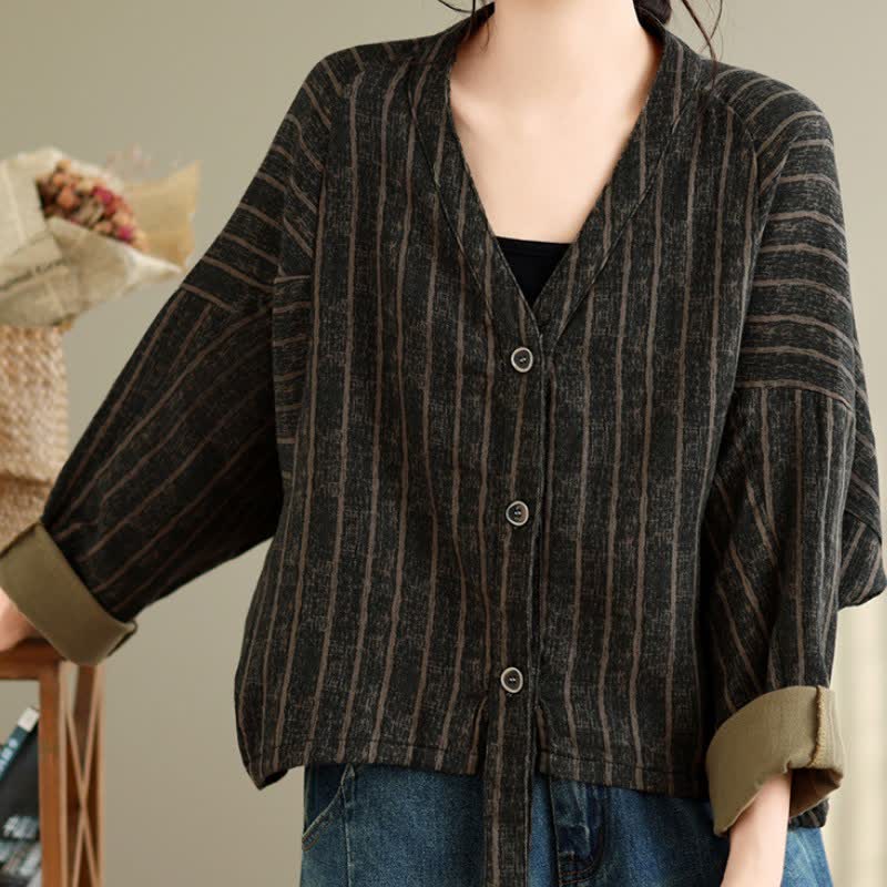 Buddha Stones Fall Casual Vintage Button-Up Drawstring Striped Cropped Women's Jacket - image 2