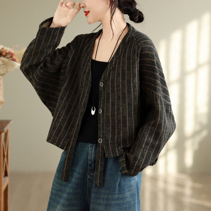 Buddha Stones Fall Casual Vintage Button-Up Drawstring Striped Cropped Women's Jacket - DimGray - US4-8/10, UK/AU8-12/14, EU36-40/42 (F) - image 0