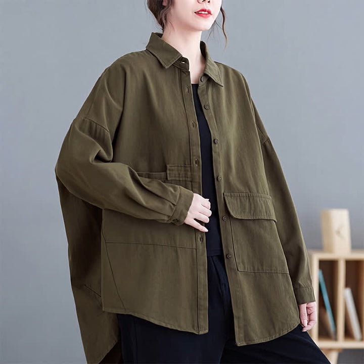 Buddha Stones Spring Fall Basic Minimalist Button-Up Solid Cotton Women's Jacket With Pockets - image 2