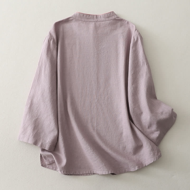 Buddha Stones Spring Fall Casual Vintage Tang Style Frog Button Solid Linen Women's Long Sleeve Shirts - image 1