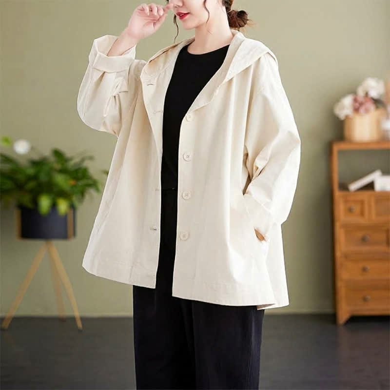 Buddha Stones Spring Fall Casual Minimalist Hooded Button-Up Solid Women's Jacket With Pockets - image 6