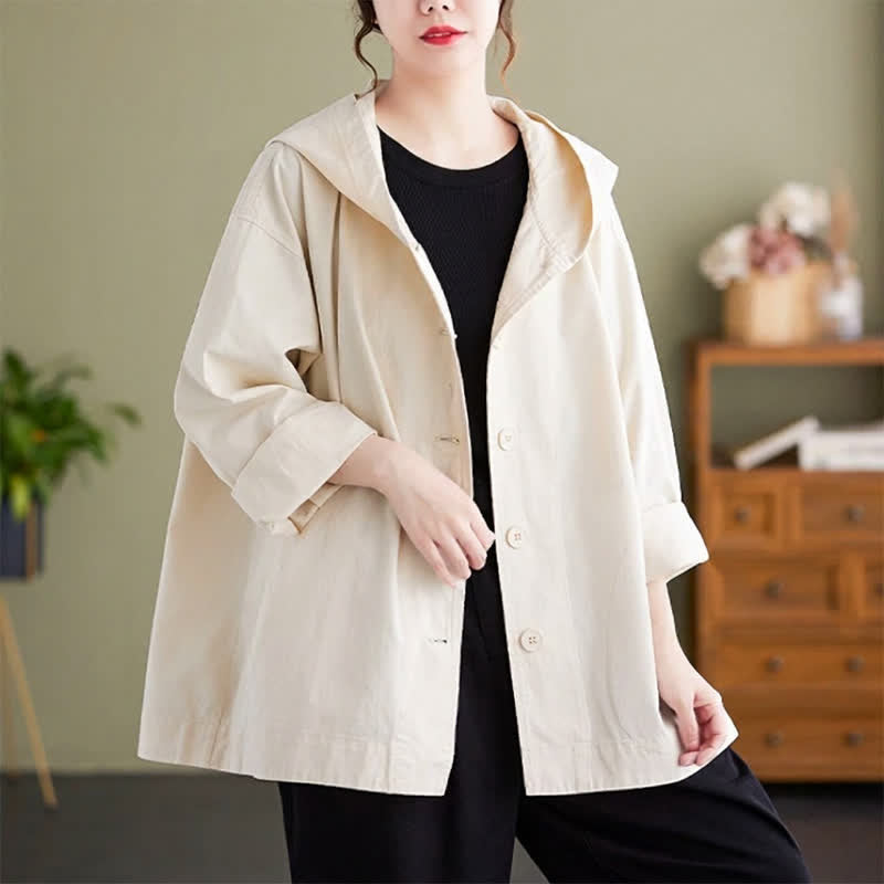 Buddha Stones Spring Fall Casual Minimalist Hooded Button-Up Solid Women's Jacket With Pockets - White - US8-10，UK/AU12-14，EU40-42 (2XL) - image 5