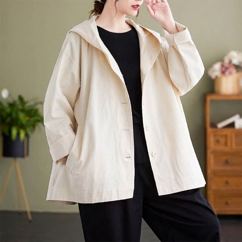 Buddha Stones Spring Fall Casual Minimalist Hooded Button-Up Solid Women's Jacket With Pockets - image 8