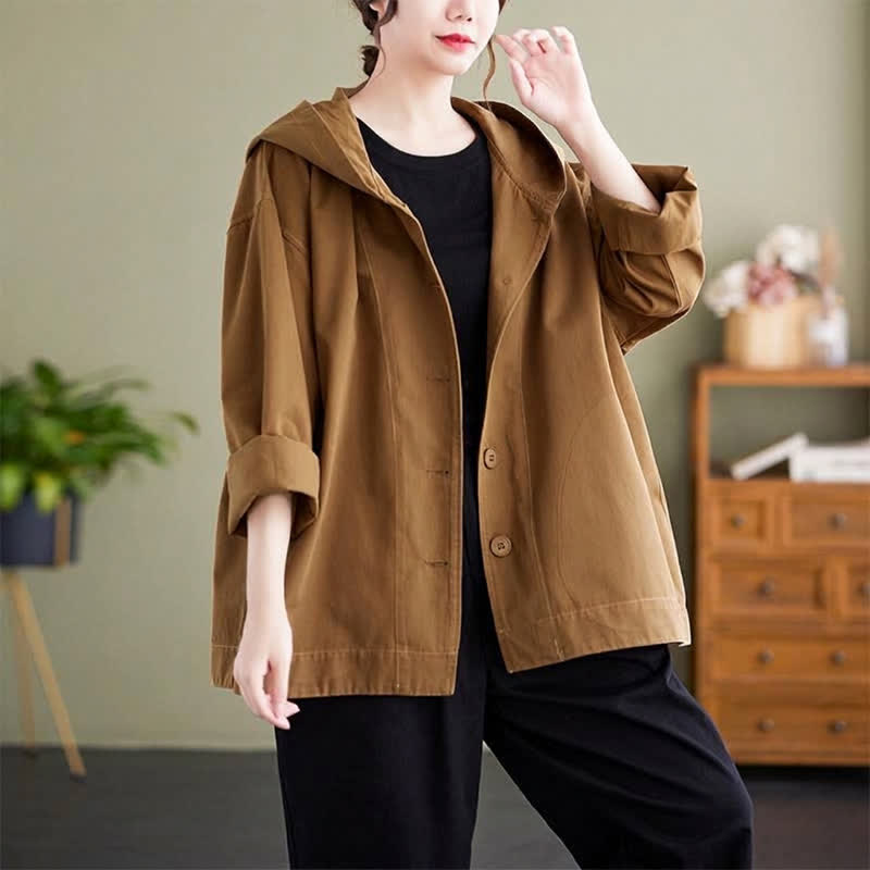 Buddha Stones Spring Fall Casual Minimalist Hooded Button-Up Solid Women's Jacket With Pockets - Peru - US8-10，UK/AU12-14，EU40-42 (2XL) - image 0