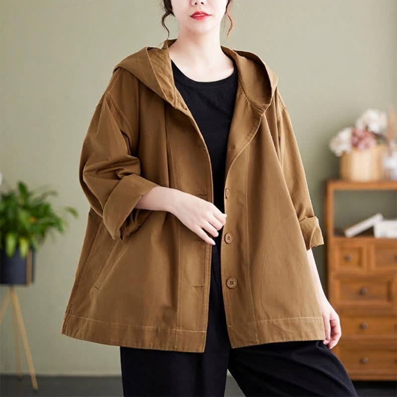 Buddha Stones Spring Fall Casual Minimalist Hooded Button-Up Solid Women's Jacket With Pockets - image 1