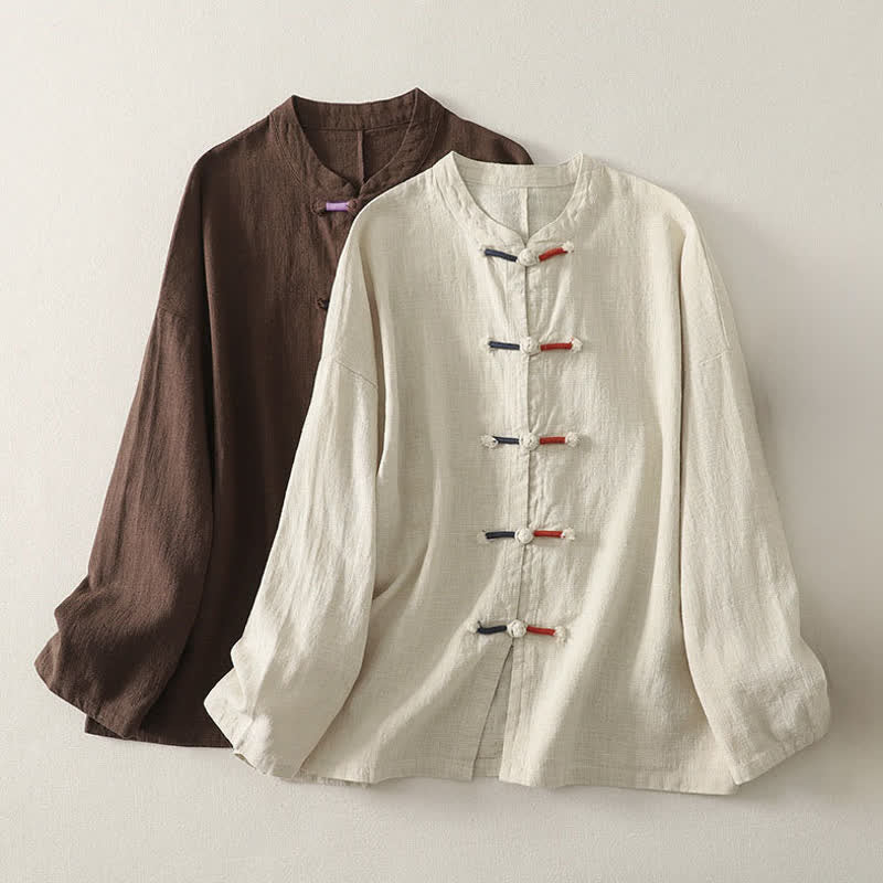 Buddha Stones Fall Casual Tang Style Frog Button Solid Cotton Linen Women's Long Sleeve Shirts - image 13