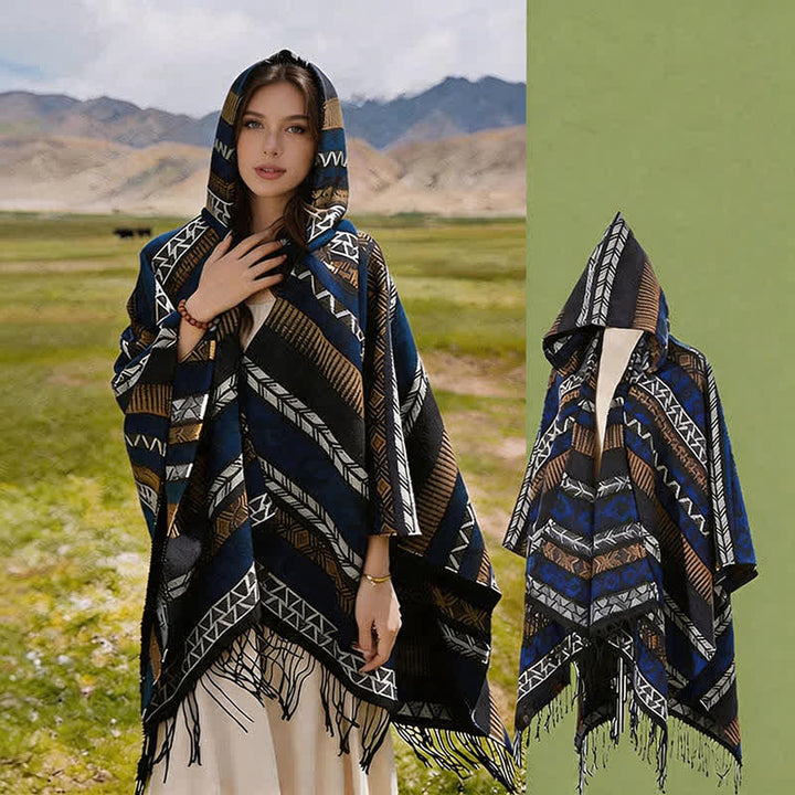 Buddha Stones Fall Winter Hooded Geometric Stripe Tassel Poncho Women's Shawl - Blue Brown - 140*159cm - image 30