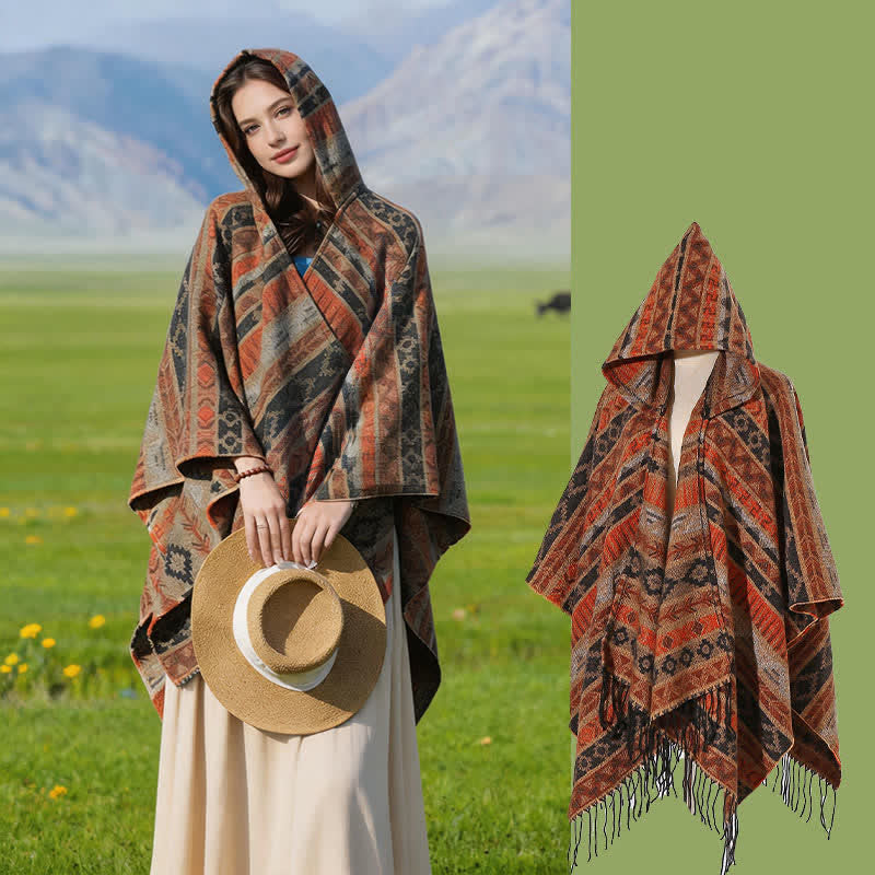 Buddha Stones Fall Winter Hooded Geometric Stripe Tassel Poncho Women's Shawl - Black Orange - 140*159cm - image 5