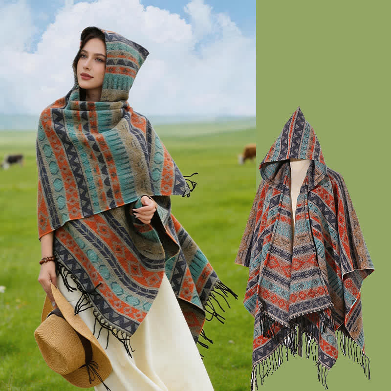 Buddha Stones Fall Winter Hooded Geometric Stripe Tassel Poncho Women's Shawl - Blue Orange - 140*159cm - image 26