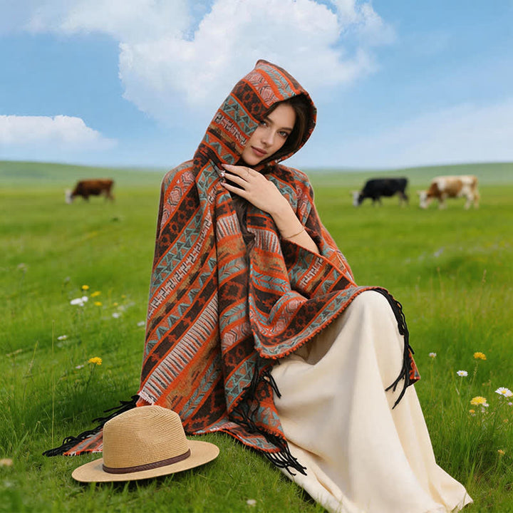 Buddha Stones Fall Winter Hooded Geometric Stripe Tassel Poncho Women's Shawl - image 3