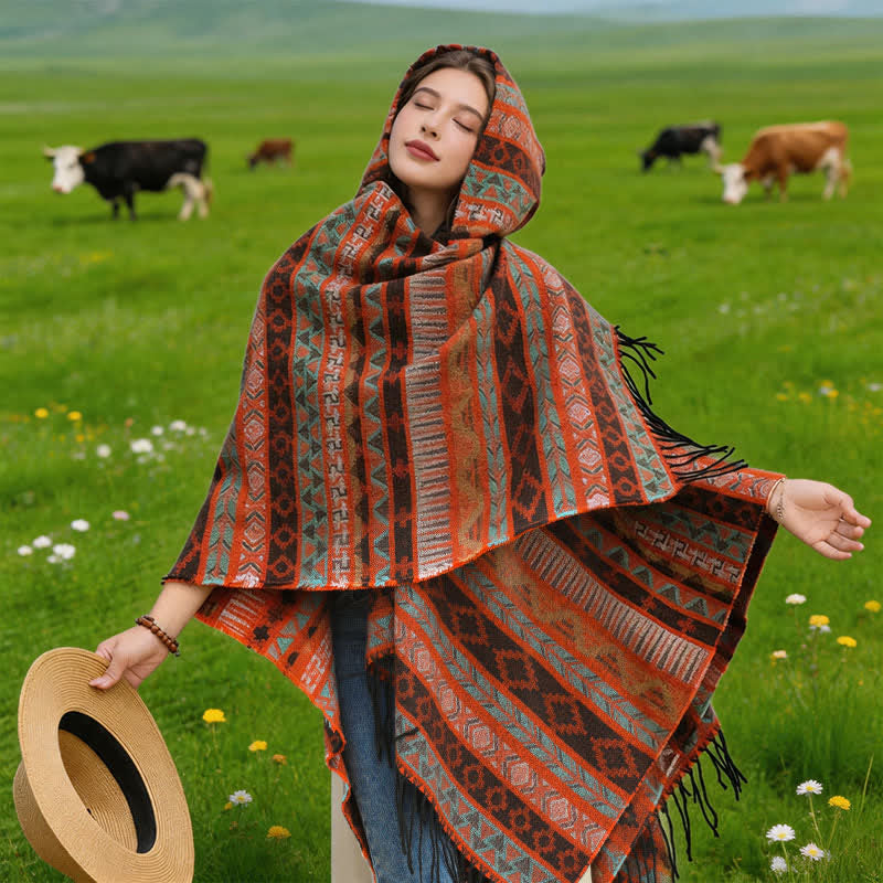 Buddha Stones Fall Winter Hooded Geometric Stripe Tassel Poncho Women's Shawl - image 2