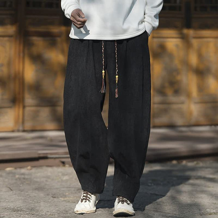 Buddha Stones Fall Winter Casual Retro Drawstring Solid Corduroy Ankle Pants Men's Wide Leg Pants With Pocket - Black - US/UK/AU46, EU56 (5XL) - image 9