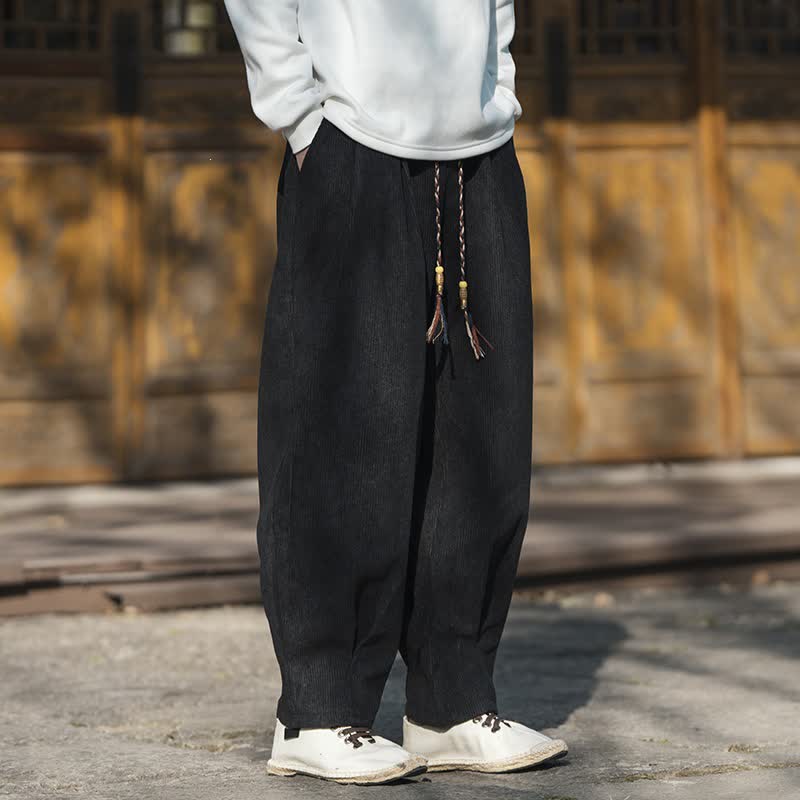 Buddha Stones Fall Winter Casual Retro Drawstring Solid Corduroy Ankle Pants Men's Wide Leg Pants With Pocket - image 15